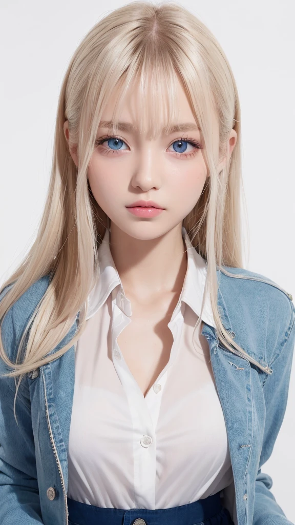 (((Dress shirt、Jacket、high school girl、mini skirt、White background)))、forehead、Northern Europe、Russia、beautiful girl、Platinum Blonde Hair、Straight long hair、Hitting the face and front of the eyes、Big blue eyes、Sheer white and wet nightgown、Northern Europeの若者、Perfect body、White tendons、Glowing Skin、Young and beautiful skin、A perfect and beautiful little face、Bright makeup、Pale pink lips、Bright expression、16-year-old girl、lipstick、Deceptive advertising、Viewer's vision、Golden Hour Lighting、Bokeh Atmosphere Perspective、detailed、Movie Light、複雑なdetailed、High resolution、 フェイスデザインのdetailedな特徴、Attention to detail、Clear focus、Smoothness、aesthetics、Printed、Octane、{{masterpiece}}