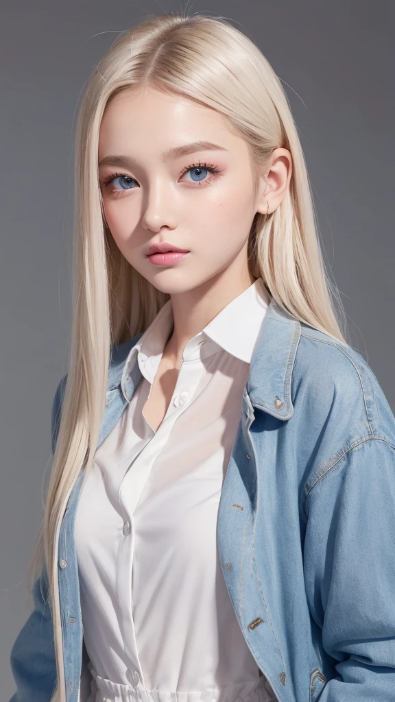 (((Dress shirt、Jacket、high school girl、mini skirt、White background)))、forehead、Northern Europe、Russia、beautiful girl、Platinum Blonde Hair、Straight long hair、Hitting the face and front of the eyes、Big blue eyes、Sheer white and wet nightgown、Northern Europeの若者、Perfect body、White tendons、Glowing Skin、Young and beautiful skin、A perfect and beautiful little face、Bright makeup、Pale pink lips、Bright expression、-yeld gilipstick、Deceptive advertising、Viewer's vision、Golden Hour Lighting、Bokeh Atmosphere Perspective、detailed、Movie Light、複雑なdetailed、High resolution、 フェイスデザインのdetailedな特徴、Attention to detail、Clear focus、Smoothness、aesthetics、Printed、Octane、{{masterpiece}}