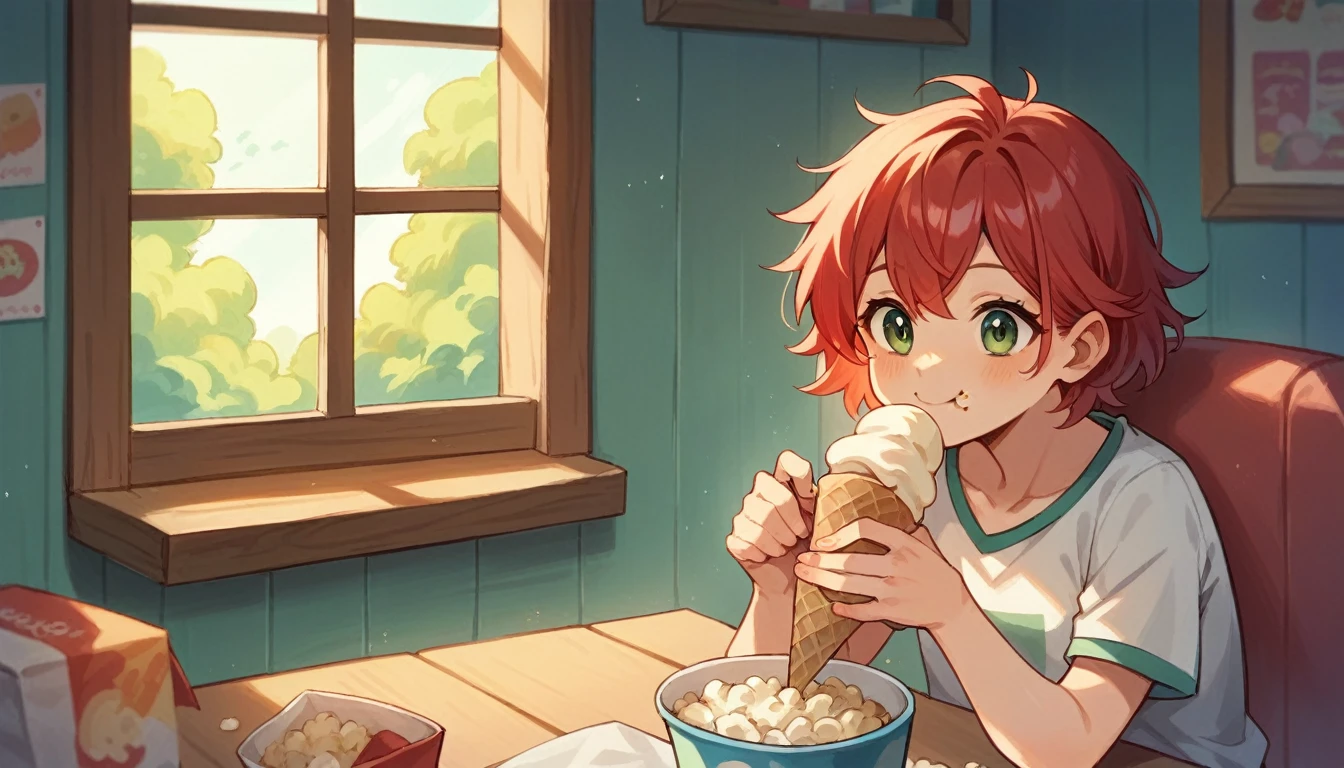 cute girl, 18 years, eating popcorn and ice cream, smiling, red hair, class room,