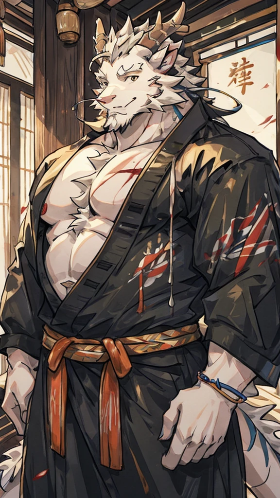 (white eastern dragon),furry,white mustache,big pecs,hearty males,muscular,black imperial robe,naked,adult,traditional_chinese_room,head portrait,scar,blood