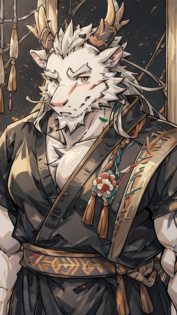 (white eastern dragon),furry,white mustache,big pecs,hearty males,muscular,black imperial robe,naked,adult,traditional_chinese_room,head portrait,scar,blood