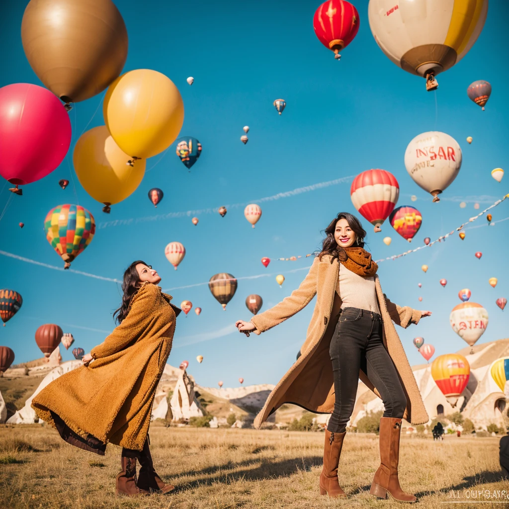A beautiful 26 year old Indonesian woman wearing a beige coat, scarf and high boots poses elegantly with several giant colorful balloons in the sky of Cappadocia, Turkey.