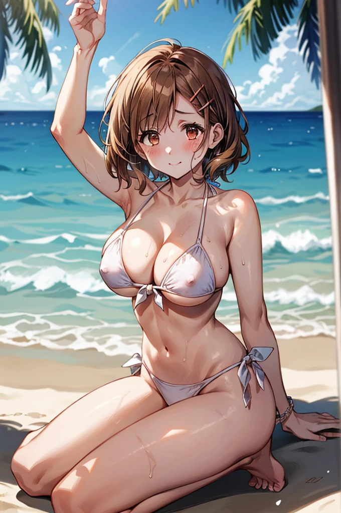 ????、Toned body、???????????、Armpit、???? thighs、(Pure White Brazilian ?????? White、Pure white micro mini ??????)、独奏、(short hair、Brown Hair、Barrette、hair ornaments)、(Brown eyes:1.5)、(yuihirasawa、yui hirasawa、Yui Hirasawa)、(Pure white ?????? transparent with sweat、Pink mansuji)、???????????、Seaside、Beachside、独奏