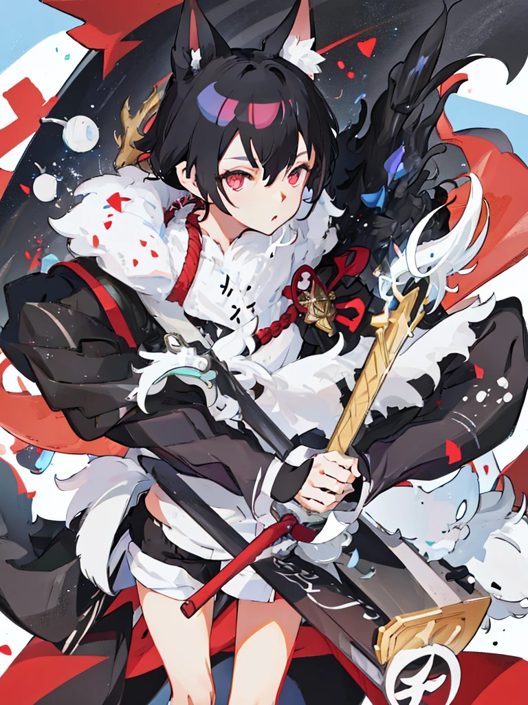 ,ears and tail with black spots,White fur,messy black hair,Red eyes, extroverted and arrogant,genshin impact style clothing