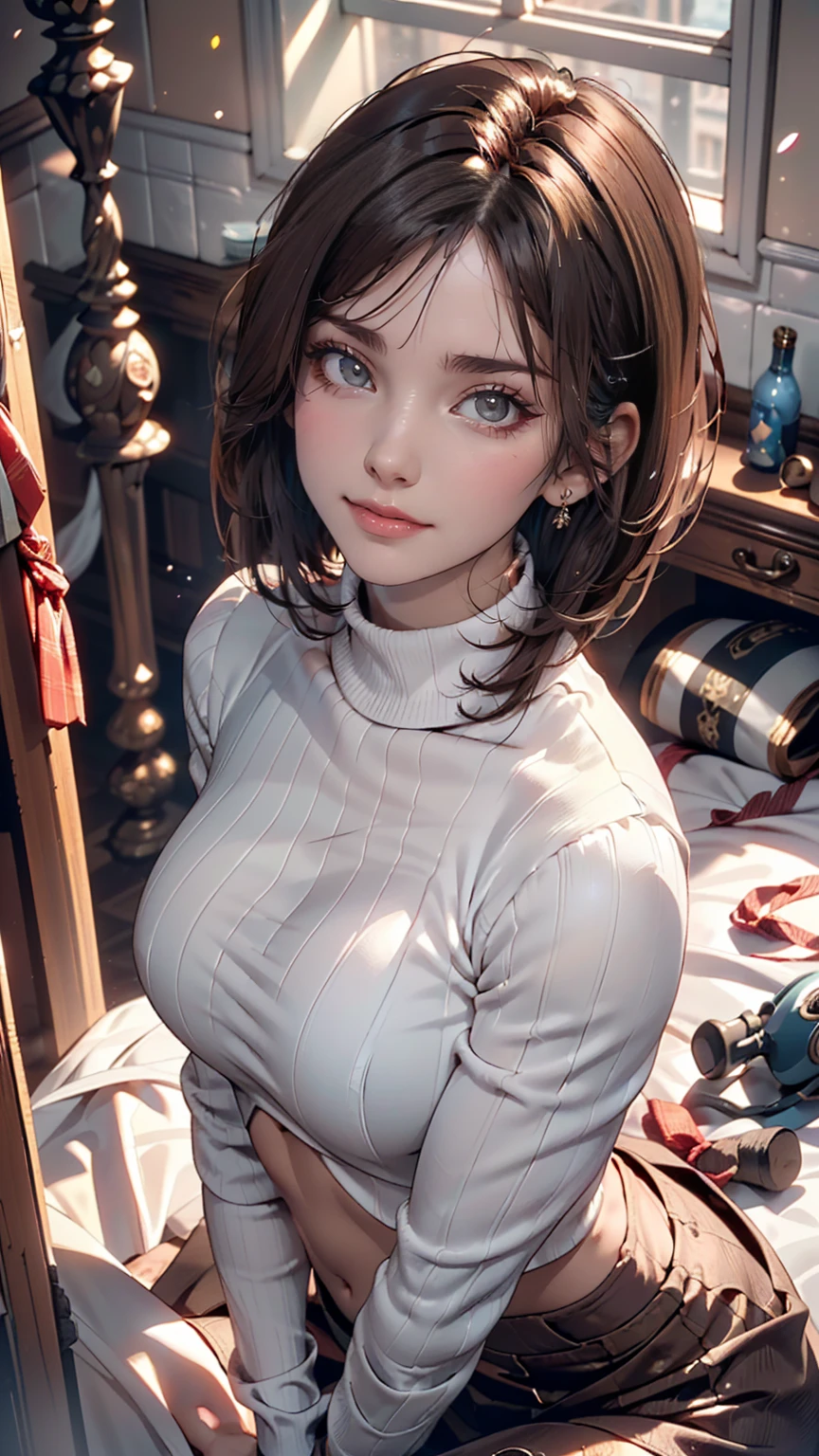 (UHigh resolution, retina, masterpiece, Accurate, Anatomically correct, Textured skin, Super detailed, Attention to detail, high quality, 最high quality, High resolution, 1080P, High resolution, 4K, 8K, 16K), (美しいAttention to detail目, Beautiful lip detail, Highly detailed eyes and face), Studio Lighting, Physically Based Rendering, Brightly colored boobs, Super big breasts, super extra big , Glamorous Body), (White turtleneck knit), (Portraiture, Shiny Hair, Shiny skin), (Bokeh), (from the front, From above:1.2), (Bobcut, Asymmetrical Hair, Eye Reflexes:1.5), Jet Black Hair, Distinctive large, narrow eyes, Snow-like skin, Pink Lips, (Rosy Cheeks, A charming smile that captivates everyone who sees it, Faces of Europe, Dark brown eyes:1.5),