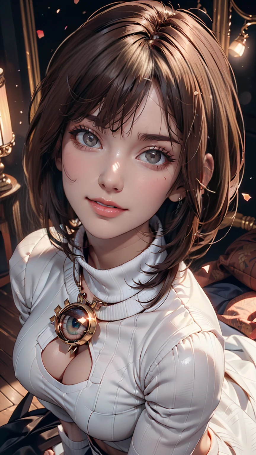 (UHigh resolution, retina, masterpiece, Accurate, Anatomically correct, Textured skin, Super detailed, Attention to detail, high quality, 最high quality, High resolution, 1080P, High resolution, 4K, 8K, 16K), (美しいAttention to detail目, Beautiful lip detail, Highly detailed eyes and face), Studio Lighting, Physically Based Rendering, Brightly colored boobs, Super big breasts, super extra big , Glamorous Body), (White turtleneck knit), (Portraiture, Shiny Hair, Shiny skin), (Bokeh), (from the front, From above:1.2), (Bobcut, Asymmetrical Hair, Eye Reflexes:1.5), Jet Black Hair, Distinctive large, narrow eyes, Snow-like skin, Pink Lips, (Rosy Cheeks, A charming smile that captivates everyone who sees it, Faces of Europe, Dark brown eyes:1.5),