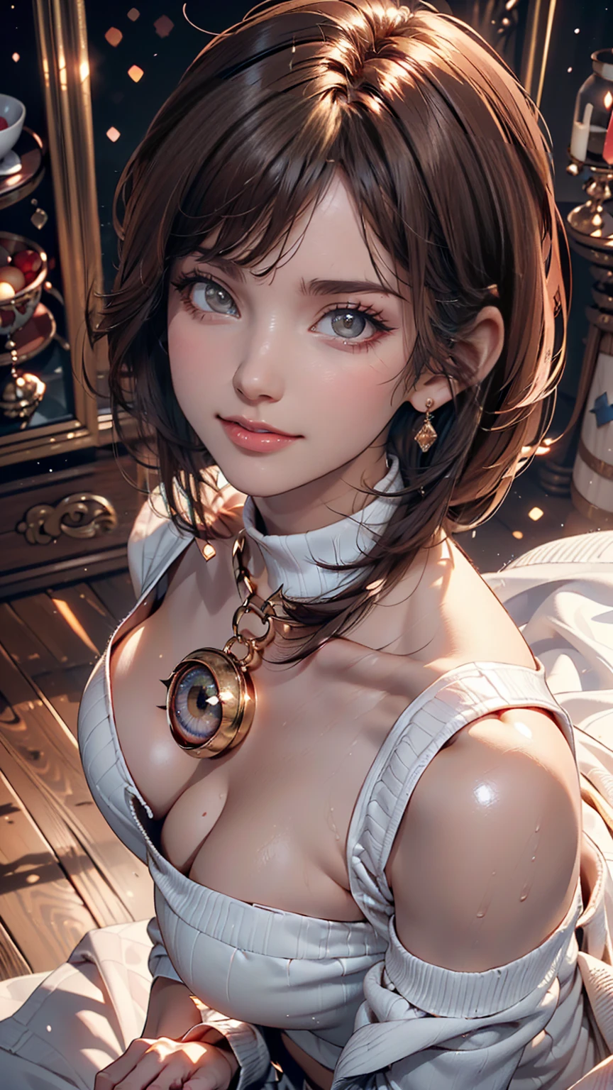 (UHigh resolution, retina, masterpiece, Accurate, Anatomically correct, Textured skin, Super detailed, Attention to detail, high quality, 最high quality, High resolution, 1080P, High resolution, 4K, 8K, 16K), (美しいAttention to detail目, Beautiful lip detail, Highly detailed eyes and face), Studio Lighting, Physically Based Rendering, Brightly colored , Super , super extra big , Glamorous Body), (White turtleneck knit), (Portraiture, Shiny Hair, Shiny skin), (Bokeh), (from the front, From above:1.2), (Bobcut, Asymmetrical Hair, Eye Reflexes:1.5), Jet Black Hair, Distinctive large, narrow eyes, Snow-like skin, Pink Lips, (Rosy Cheeks, A charming smile that captivates everyone who sees it, Faces of Europe, Dark brown eyes:1.5),