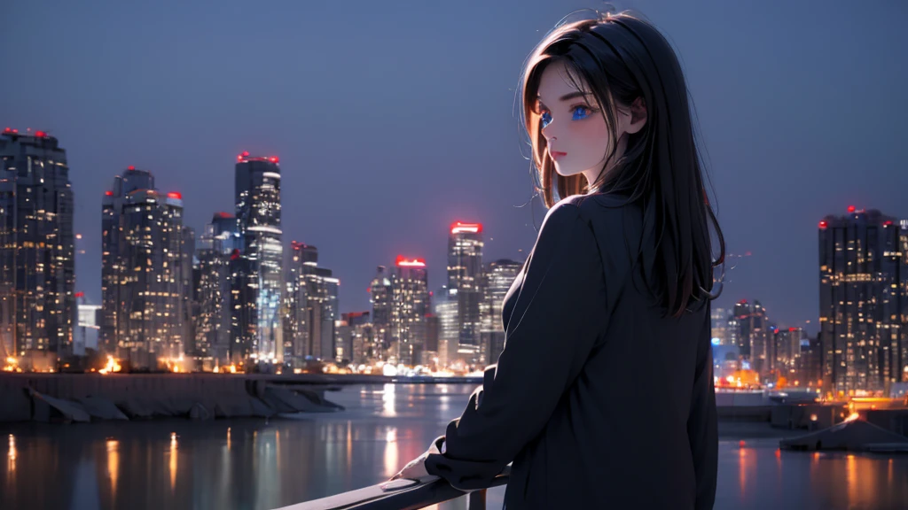 1 Girl , Girl medium light black hair, light blue eyes, wearing black suit, night city, 18+ , high res, ultrasharp, 8K, masterpiece, looking from behind