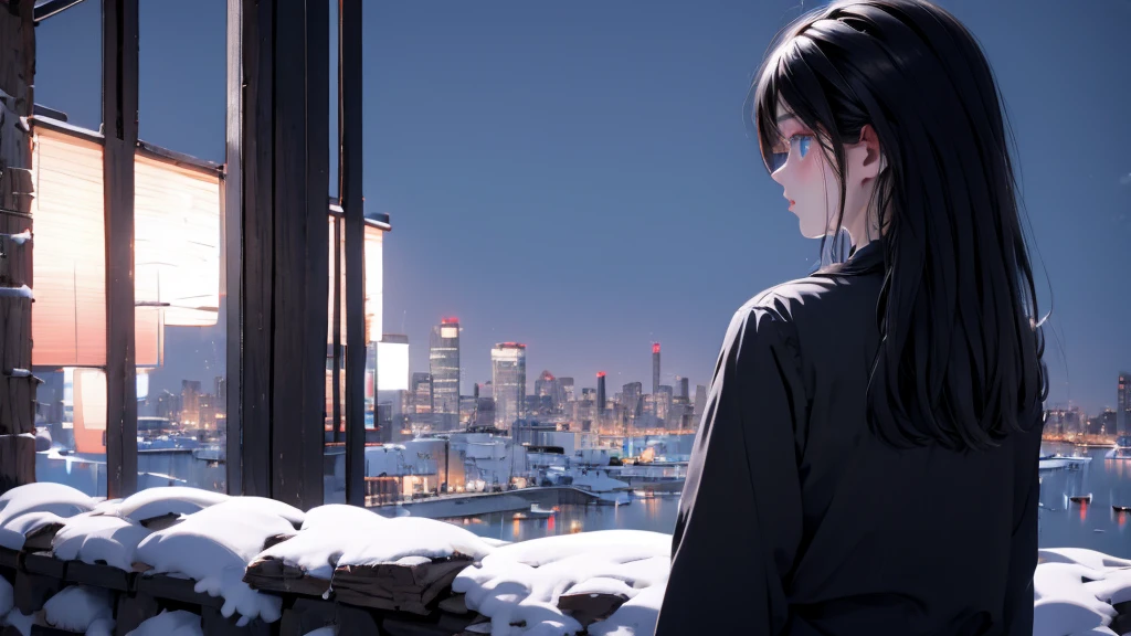 1 Girl , Girl medium light black hair, light blue eyes, wearing black suit, night city, 18+ , high res, ultrasharp, 8K, masterpiece, looking from behind