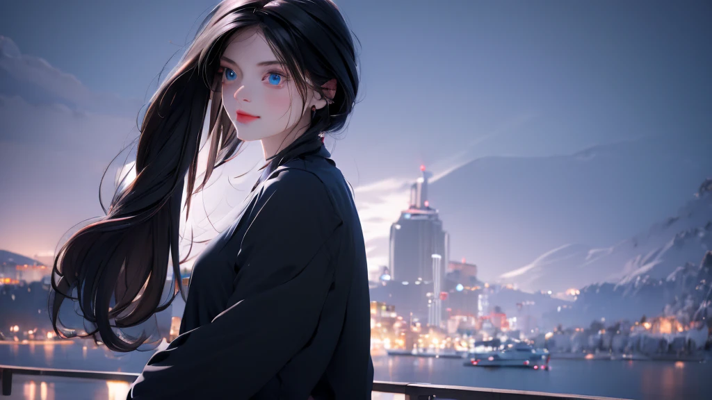 1 Girl , Girl medium light black hair, light blue eyes, wearing black suit, night city, 18+ , high res, ultrasharp, 8K, masterpiece, looking from behind
