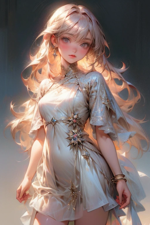 masterpiece:1.2, highest quality, 16k, highres, ultra-realistic, photorealistic:1.37, beautiful detailed:1.2, cute girl, standing in Fashion show, fashion model Striking a pose while standing elegantly on the runway, beautiful delicate artistic avant-garde revealing dress, gently smile, beautiful delicate(hair, face, long eyelash, eyes, pupils, lips, knee, anklet, dress), sparkling eyes, shining rosy lips, blushed cheek, through bangs,