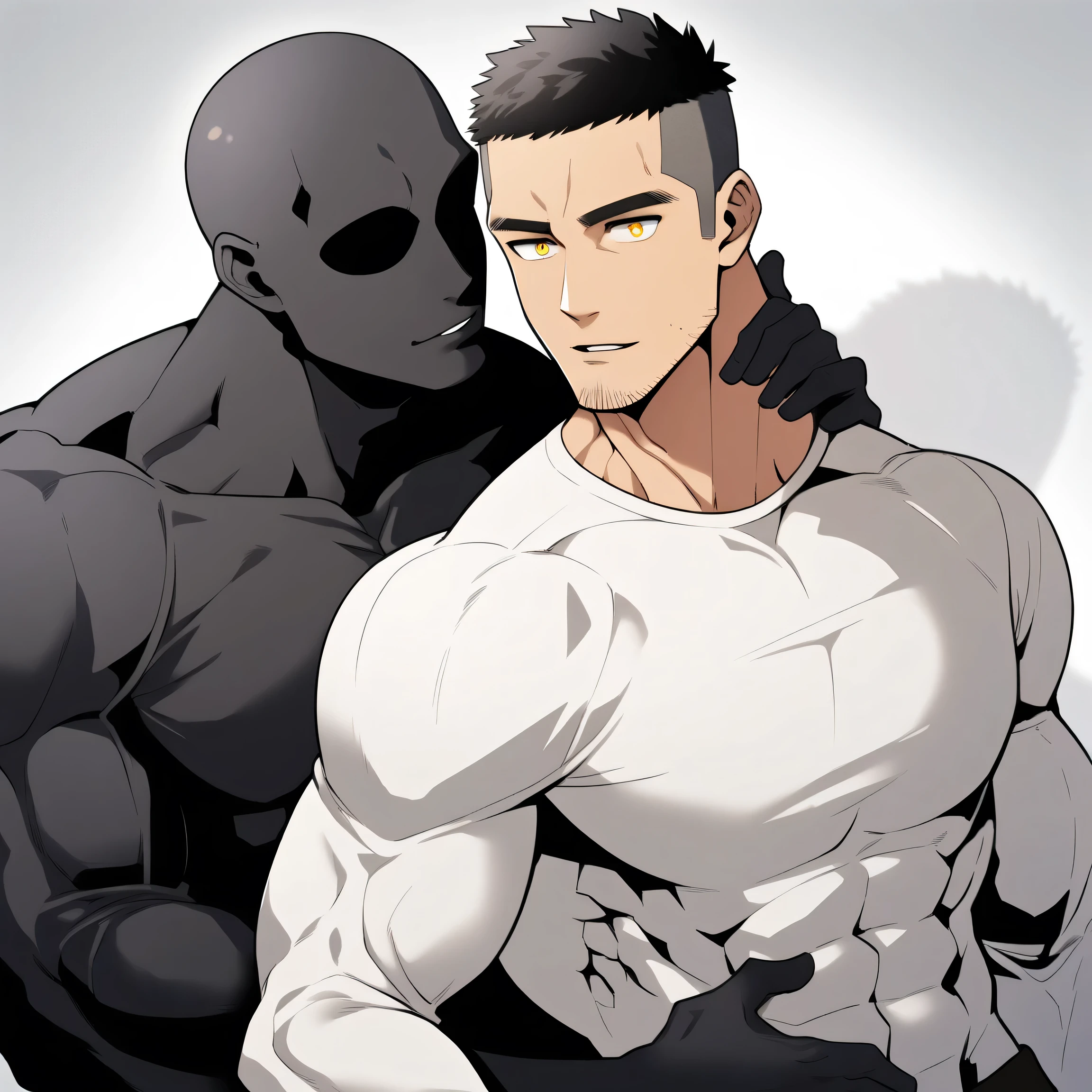 anime characters:Two superheroes in tights, Muscle Sports Student and Muscle No Face No Eyes skinhead superhero, No Face,negro black skin, They hugged and kissed each other, Bite your neck, Caress, Manliness, male focus, Yellow and black high collar long sleeve tight T-shirt, Slightly transparent material, Very tight, Round, full and perky chest muscles, Muscle waist, Slightly transparent, muscular male, muscular, only, Upper body, alone, Black short hair, Thick eyebrows, stubble, Yellow eyes, Grey background, simple background, amazing quality, best aesthetics, Ridiculous, bright pupils, crew cut, parted lips, seductive smile, torogao, naughty face, drop shadow, best quality
