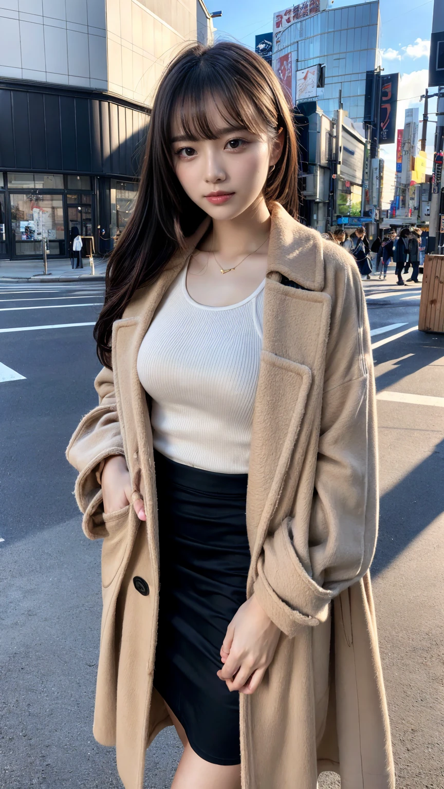 (8K, RAW Photos, Highest quality, masterpiece:1.2), (professional photography, full colors, studio-caliber color grading), (Gravure quality for high-end fashion magazines),  BREAK,18 year old girl, (boyish:1.15), (mannish:1.1), Big Natural Color Lip, (Plumpy body:1.2), (smooth skin:1.1 medium breasts, Gorgeous and stylish black fluffy latest trend Tokyo winter clothes, (Elegant and high quality coat:1.1)、(The perfect and most natural light brown coat:1.1 tanktop, A-line skirt,