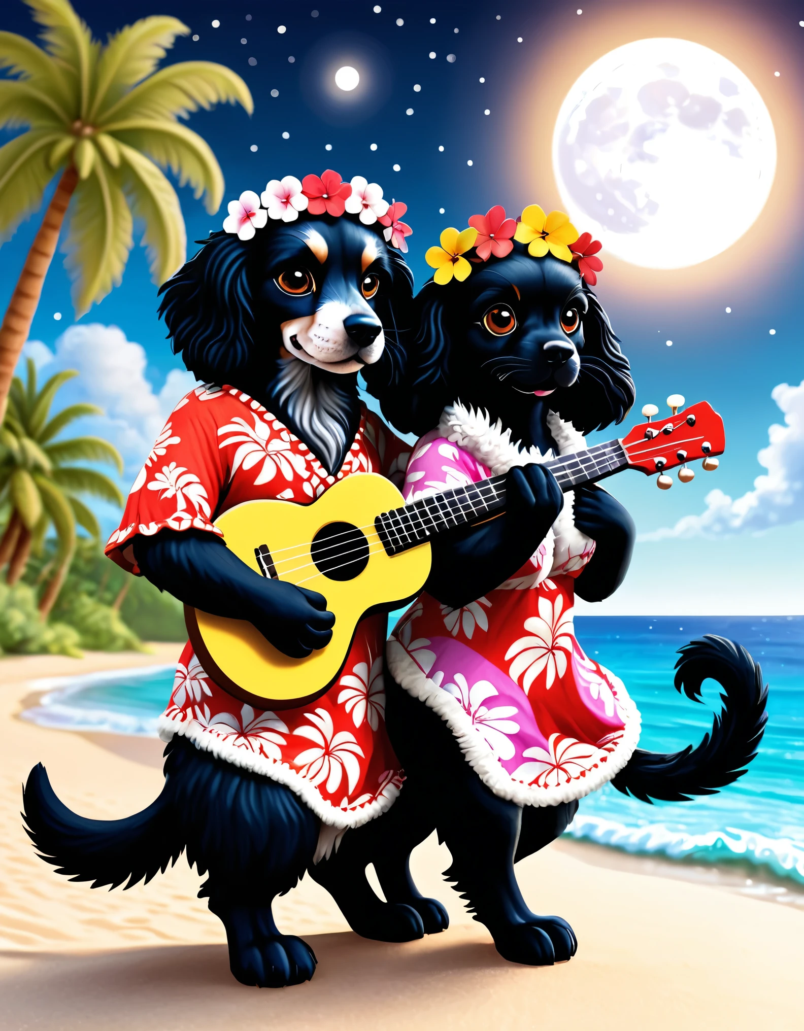 3DCG, cute and fluffy anthropomorphic animal couple in Hawaiian setting. Cat flamenco dancer and black American Cocker Spaniel ukulele player cuddling. Cat has soft fur, wears colorful muumuu and flower crown. Dog has long floppy ears, fluffy coat, wearing aloha shirt, holding ukulele. Both have adorable large eyes, happy expressions, gazing lovingly at each other. Background: 3D rendered large full moon, soft flowing clouds. Below, shimmering ocean surface with moonlit ripples. Palm tree silhouettes on shore. Warm color palette, soft lighting, romantic and dreamy atmosphere. Detailed fur textures and fabric renderings emphasizing fluffy, cuddly appearance."
