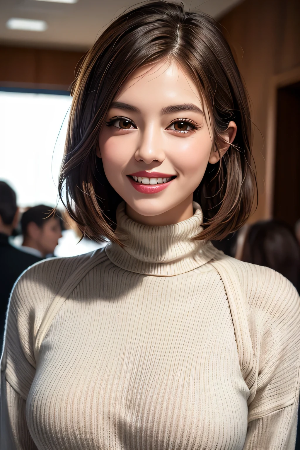 ((masterpiece)), ((Highest quality)), ((Complex)), ((Surreal)), (Realistic), (Mature Woman), ((No classes)), Very detailed, (1 female), Beautiful and detailed, (Beautiful Teeth), Grin, Brunette Bob Hair, Brown eyes, (Turtleneck sweater), (Upper Body), (background: none), backgroundぼかし, Perfect Eyes, Captivating eyes, Looking at the audience, from before