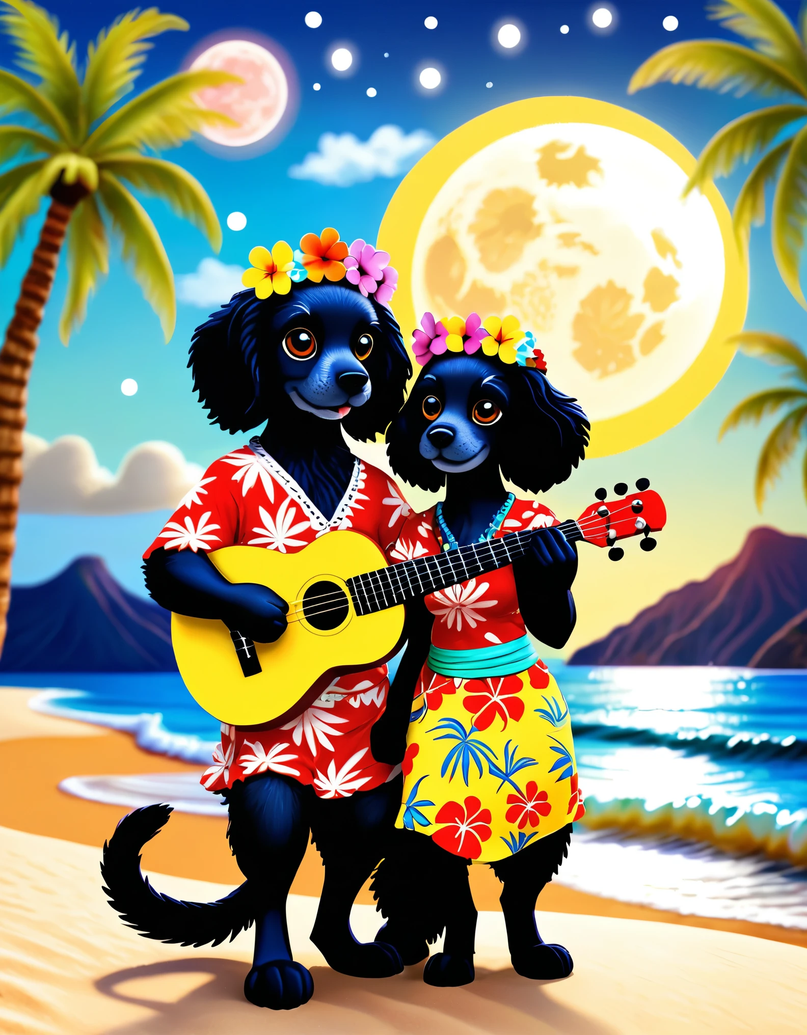 3DCG, cute and fluffy anthropomorphic animal couple in Hawaiian setting. Cat flamenco dancer and black American Cocker Spaniel ukulele player cuddling. Cat has soft fur, wears colorful muumuu and flower crown. Dog has long floppy ears, fluffy coat, wearing aloha shirt, holding ukulele. Both have adorable large eyes, happy expressions, gazing lovingly at each other. Background: 3D rendered large full moon, soft flowing clouds. Below, shimmering ocean surface with moonlit ripples. Palm tree silhouettes on shore. Warm color palette, soft lighting, romantic and dreamy atmosphere. Detailed fur textures and fabric renderings emphasizing fluffy, cuddly appearance."