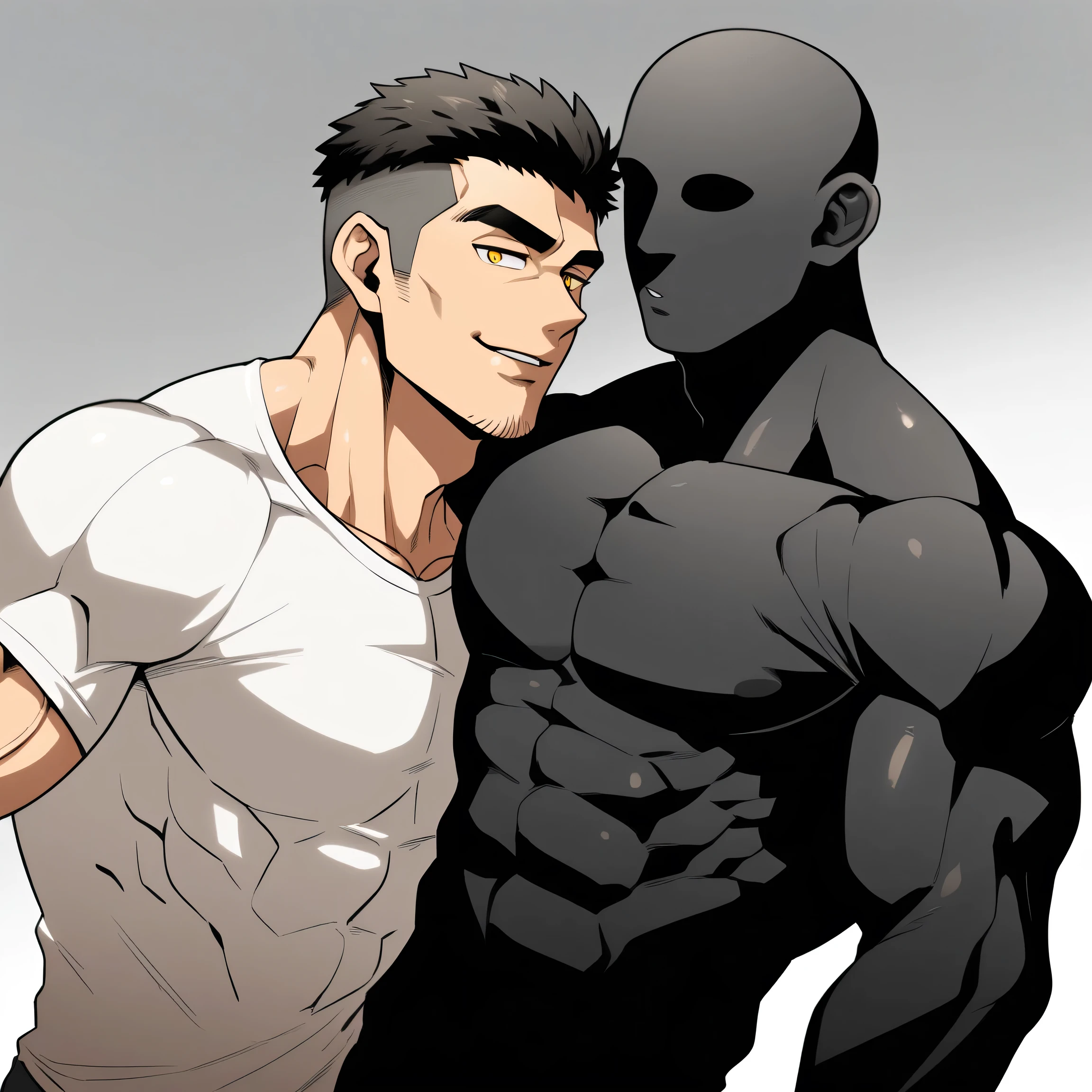 anime characters:Two superheroes in tights, Muscle Sports Student and Muscle No Face No Eyes skinhead superhero, No Face,negro black skin, They hugged and kissed each other, Bite your neck, Caress, Manliness, male focus, Yellow and black high collar long sleeve tight T-shirt, Slightly transparent material, Very tight, Round, full and perky chest muscles, Muscle waist, Slightly transparent, muscular male, muscular, only, Upper body, alone, Black short hair, Thick eyebrows, stubble, Yellow eyes, Grey background, simple background, amazing quality, best aesthetics, Ridiculous, bright pupils, crew cut, parted lips, seductive smile, torogao, naughty face, drop shadow, best quality