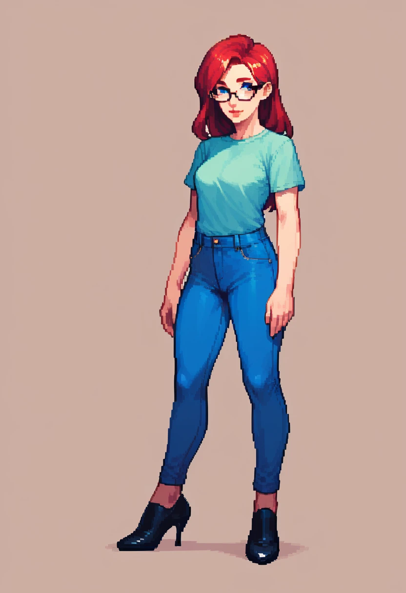 score_9, score_8_up, score_7_up, score_6_up, pixel art of a woman, pale, smooth skin, blue eyes, long straight red hair, full lips, slender physique, green t-shirt, glasses, blue pants, black heels
