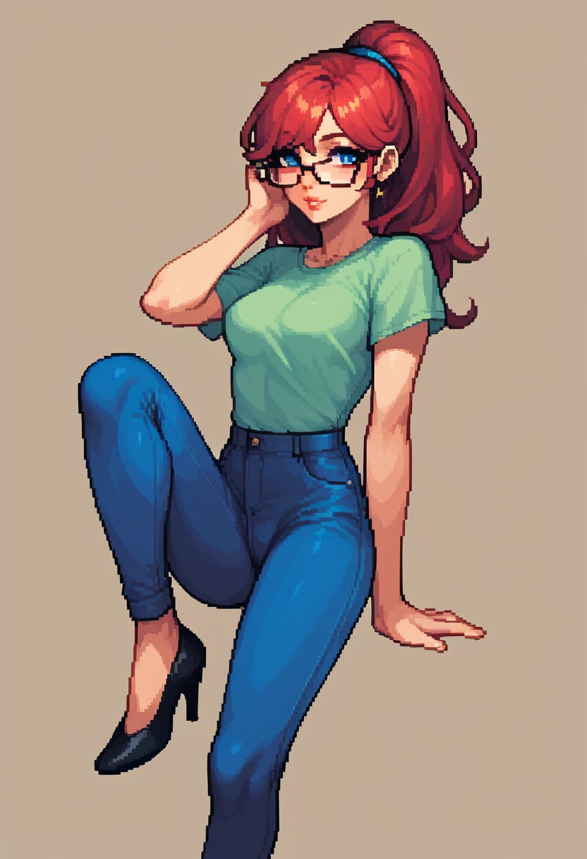 score_9, score_8_up, score_7_up, score_6_up, pixel art of a woman, pale, smooth skin, blue eyes, long straight red hair, full lips, slender physique, green t-shirt, glasses, blue pants, black heels
