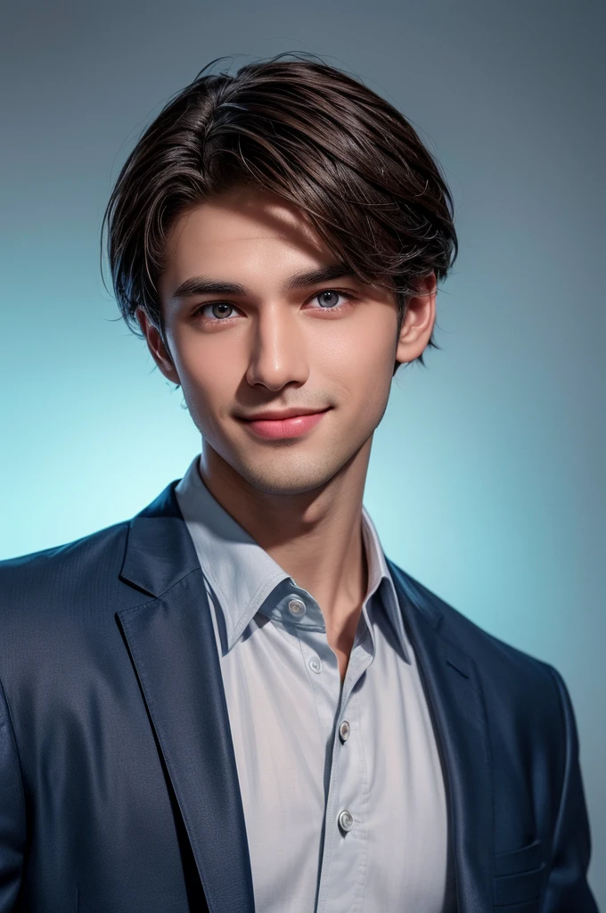A young men with very very short dark brown hair and slightly balding on the corner and light blue and gray eyes and a confident smile without showing his teeth. He is dress a light gray blazer over a white shirt. A man is positioned against aqua colour backdrop with a subtle red lighting of the rate site and posing for linkedin profile.
