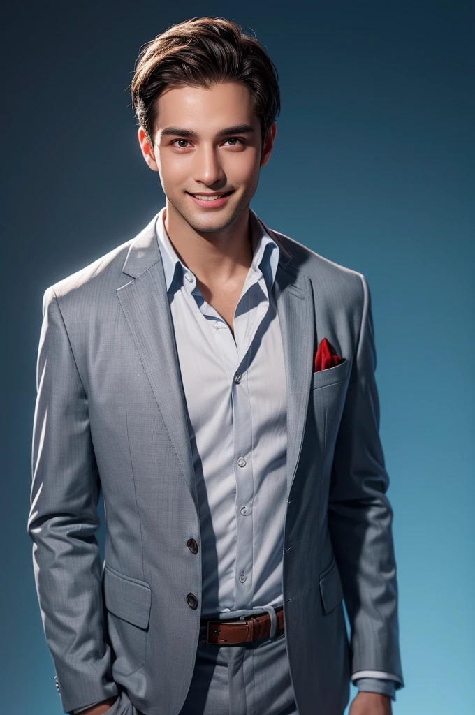 A young men with very very short dark brown hair and slightly balding on the corner and light blue and gray eyes and a confident smile without showing his teeth. He is dress a light gray blazer over a white shirt. A man is positioned against aqua colour backdrop with a subtle red lighting of the rate site and posing for linkedin profile.