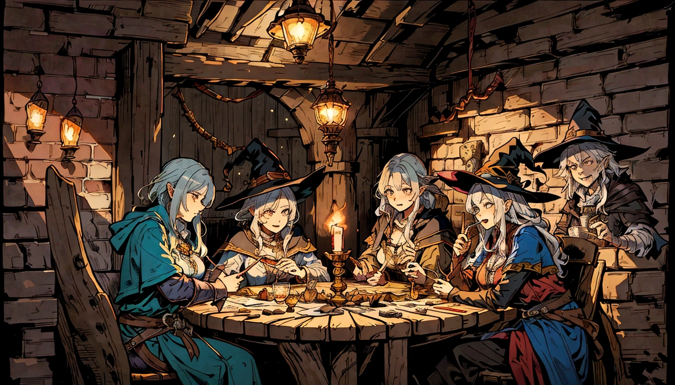 witch and wizard gathering in a tavern with candles and a clock, wide shot, many people around drinking. tavern setting, lawther sit at table playing dnd, high quality dnd illustration, roleplaying game art, dnd , fantasy card game art, card game illustration, dnd card art, epic fantasty card game art, a multidimensional cozy tavern, tavern background, epic fantasy card game art