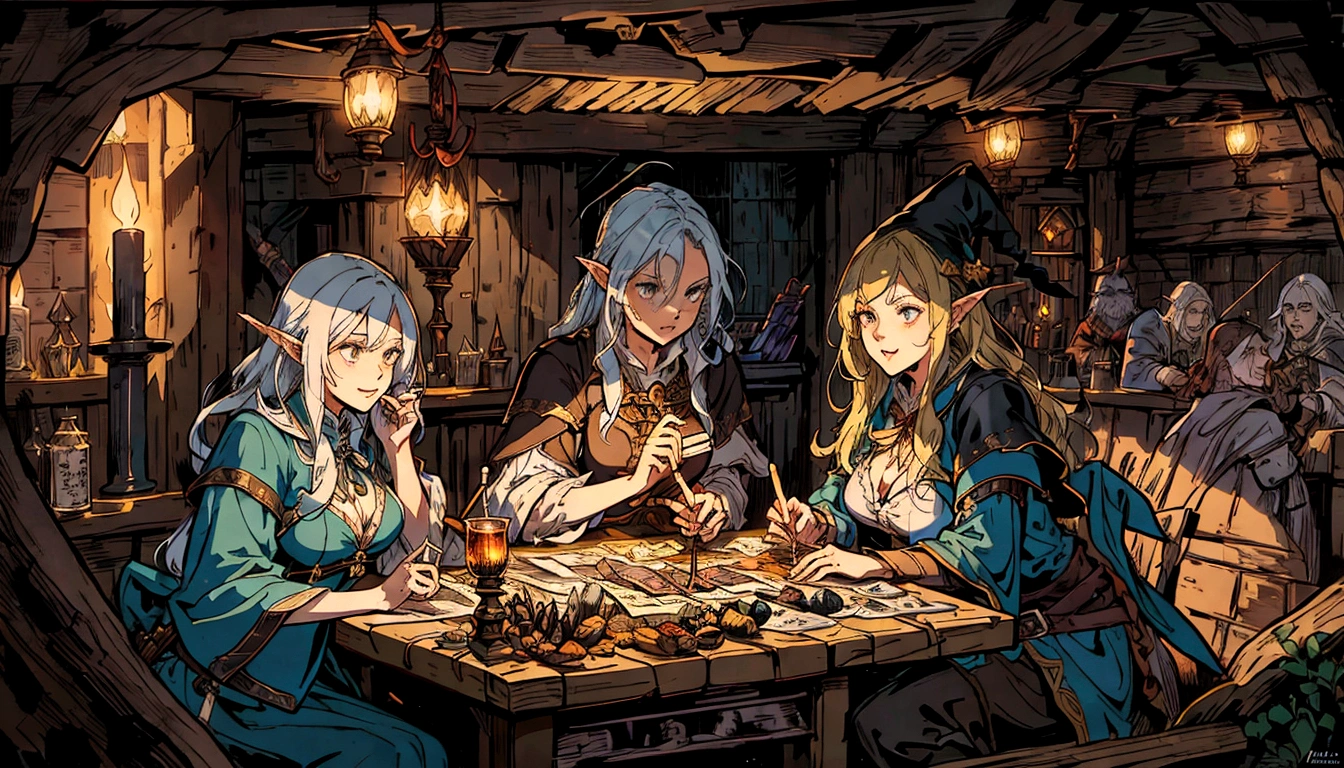 witch and wizard gathering in a tavern with candles and a clock, wide shot, many people around drinking. tavern setting, lawther sit at table playing dnd, high quality dnd illustration, roleplaying game art, dnd , fantasy card game art, card game illustration, dnd card art, epic fantasty card game art, a multidimensional cozy tavern, tavern background, epic fantasy card game art