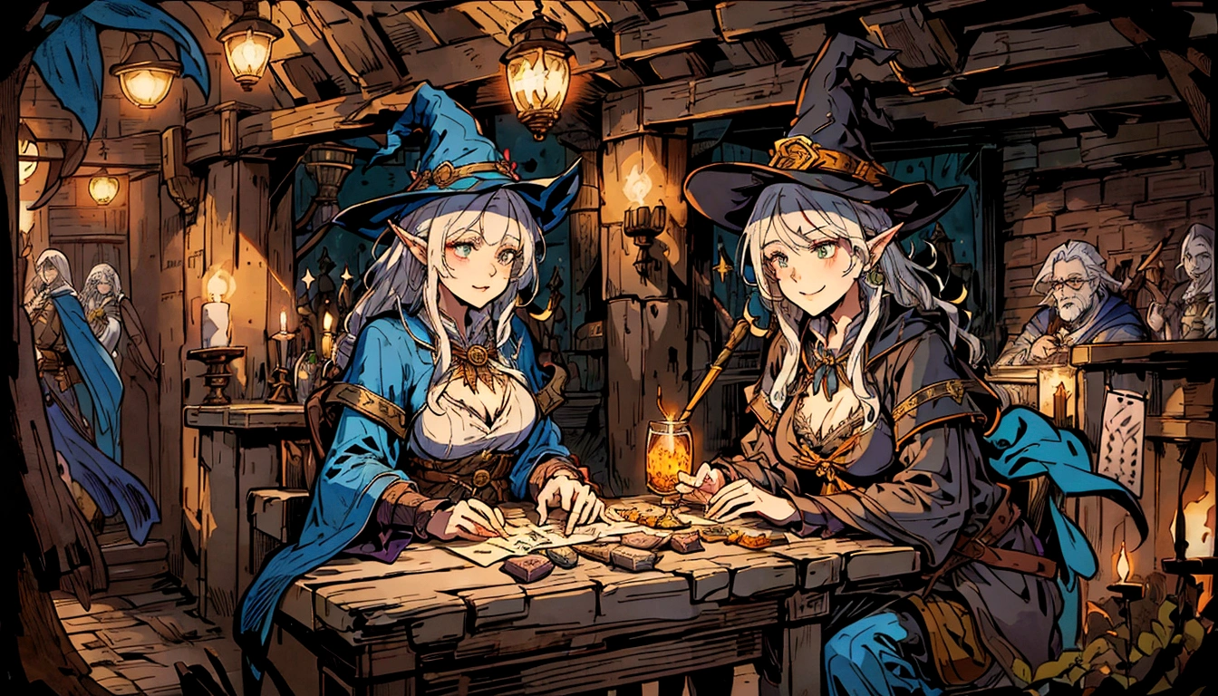 witch and wizard gathering in a tavern with candles and a clock, wide shot, many people around drinking. tavern setting, lawther sit at table playing dnd, high quality dnd illustration, roleplaying game art, dnd , fantasy card game art, card game illustration, dnd card art, epic fantasty card game art, a multidimensional cozy tavern, tavern background, epic fantasy card game art