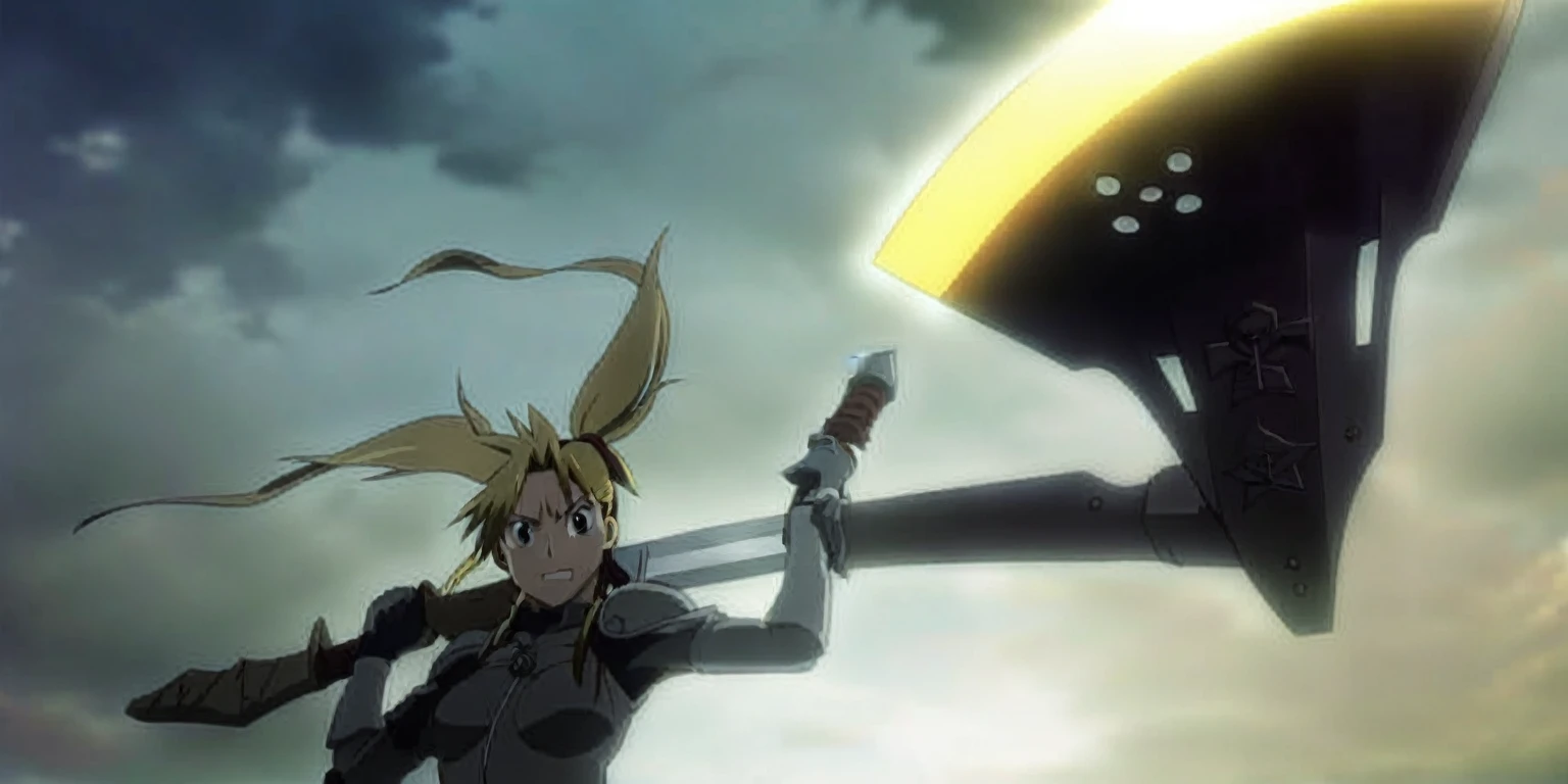 anime character holding a sword in front of a cloudy sky, today's featured anime still, in the anime film, screenshot from the anime film, screenshot from a 2012s anime, anime movie screenshot, anime still, still from anime, anime still image, fullmetal alchemist brotherhood, anime still frame, an epic anime of tuff luck, anime screencap