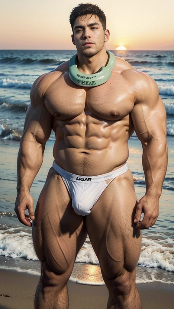 sugar dddy, muscular, beach, sunset, tall, giant, (((big pecs:1.3))), (((narrow waist:1.2))), (((wide hips:1.2))), (((thick thigh:1.2))), (((wide thigh:1.2))), handsome, ((tight jockstrap)), (((unrealistic)))