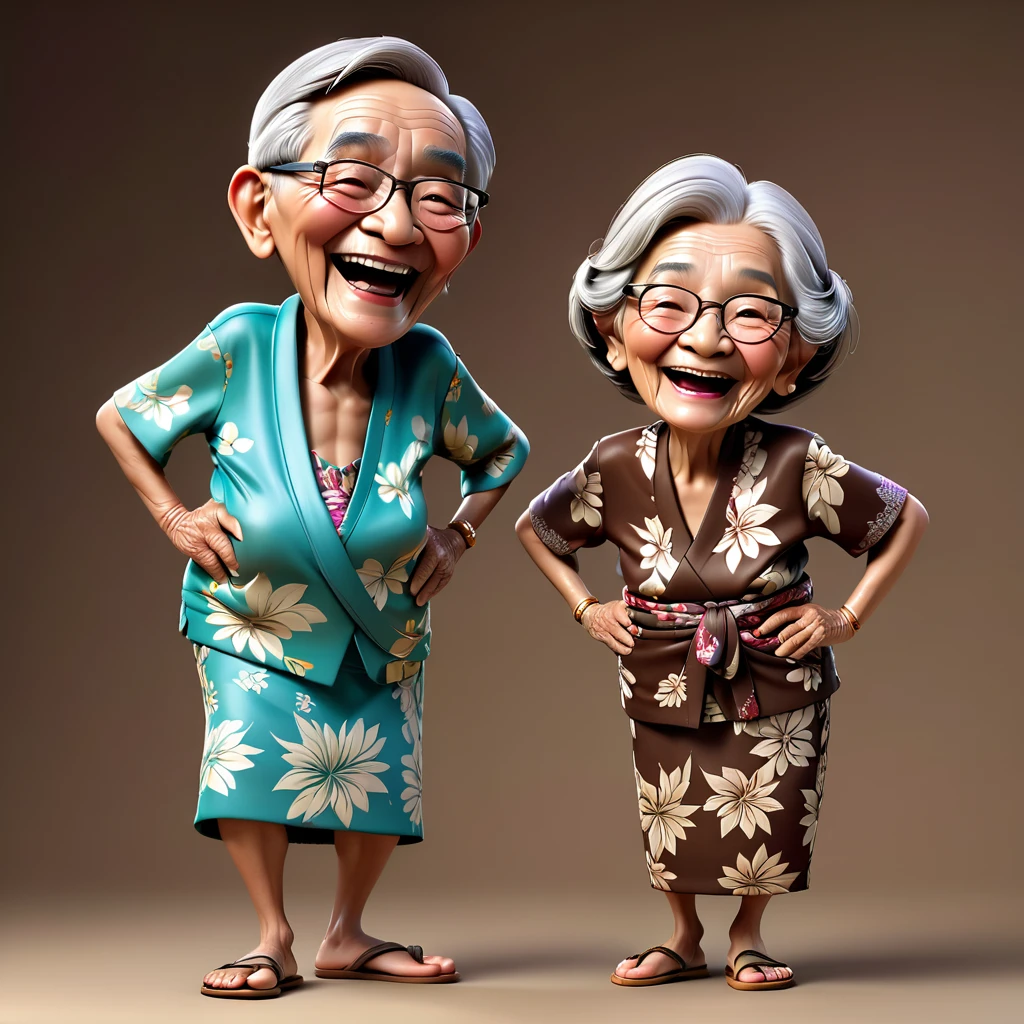 Full body 3D caricature of an Indonesian old grandmother and grandfather, aged 79 years, with a large head, detailed wrinkles on their skin, laughing , they are wearing traditional Javanese sarongs and batik clothes, including flip-flops, on a brown background. not eyeglass