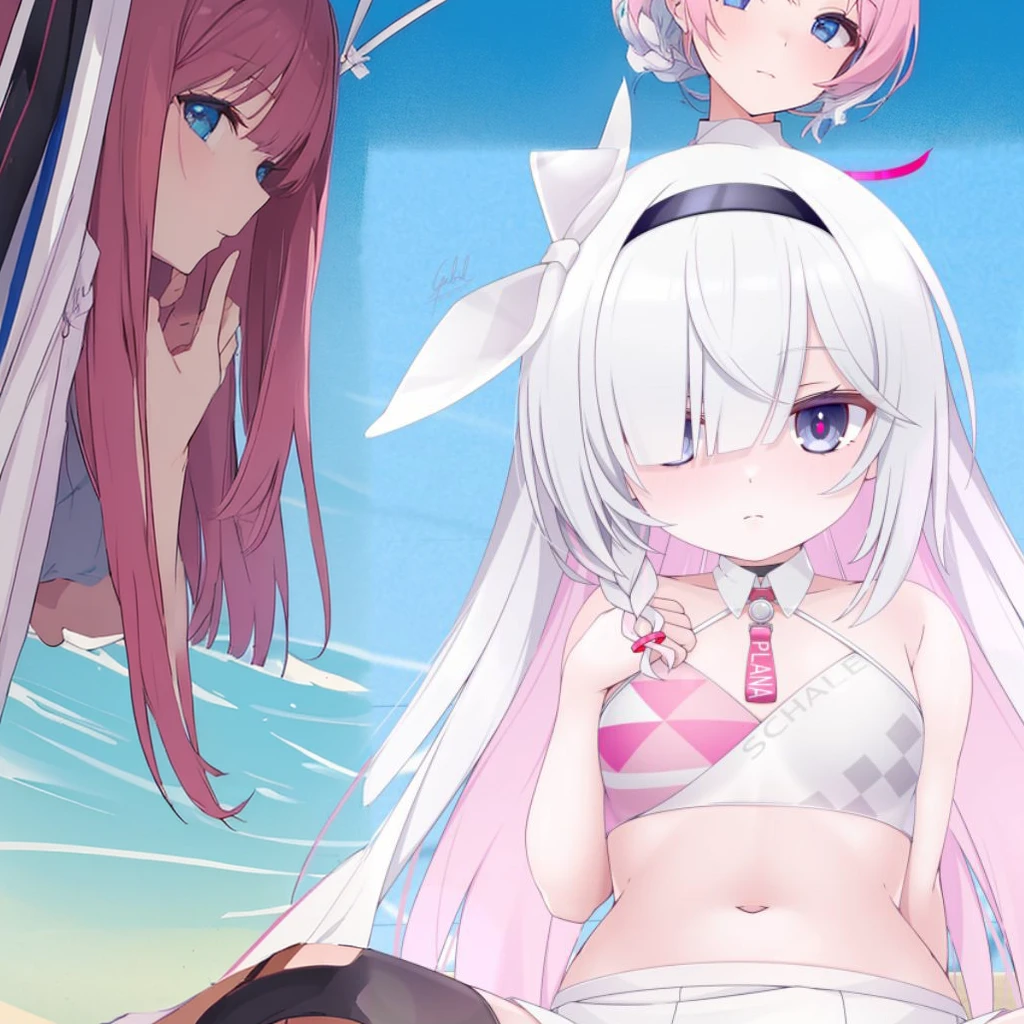 Emilia re:zero, purple eyes, Emilia, crown braid, x hair ornament, flower hair ornament, white hair, long hair, medium breasts, anime girls in bikinis are playing in the water, rem rezero, azur lane style, at the sea, , in the beach, kantai collection style, from the azur lane videogame, ocean in the background, on a sunny beach, wallpaper anime blue water, in the ocean, , in the sea, on a beach