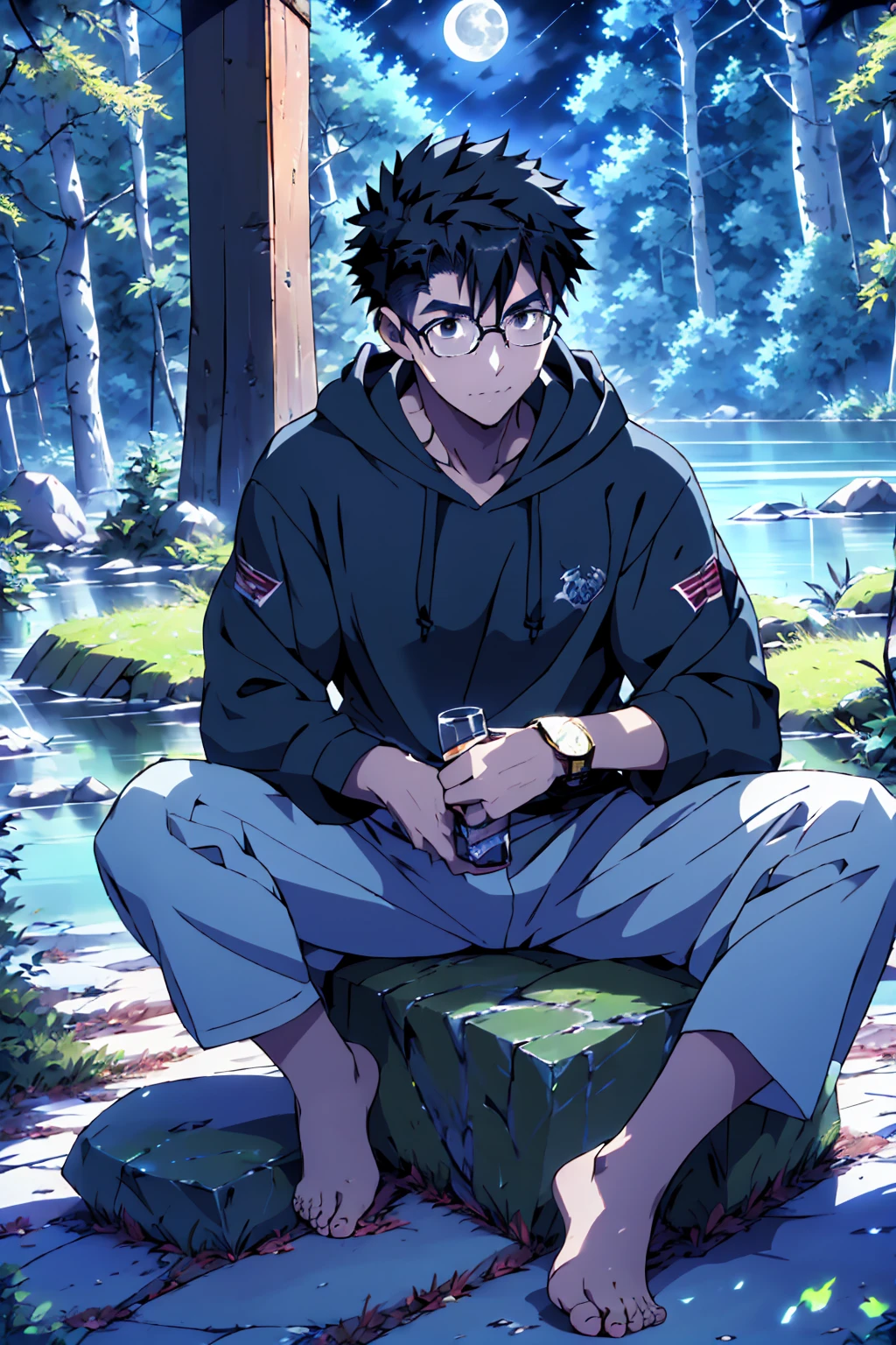 ((Highest quality)), ((masterpiece)), (detailed), Highest quality、High resolution、8K、Wearing a black hoodie、One adult male、33 years old、Dark Eyes、Black Hair、Japanese anime-like style、超High resolutionかわいい萌えアニメ8k、handsome face manly、undercut、Fake Hawk、Slender and muscular、Glasses、barefoot、sitting on a stone、Spread your legs、night、Forest landscape、lake、fire Fly、moonlight
