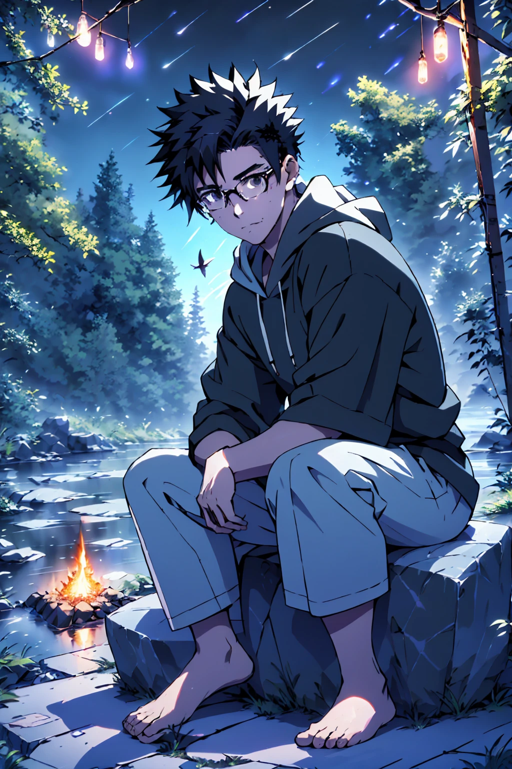 ((Highest quality)), ((masterpiece)), (detailed), Highest quality、High resolution、8K、Wearing a black hoodie、One adult male、33 years old、Dark Eyes、Black Hair、Japanese anime-like style、超High resolutionかわいい萌えアニメ8k、handsome face manly、undercut、Fake Hawk、Slender and muscular、Glasses、barefoot、sitting on a stone、Spread your legs、night、Forest landscape、lake、fire Fly、moonlight