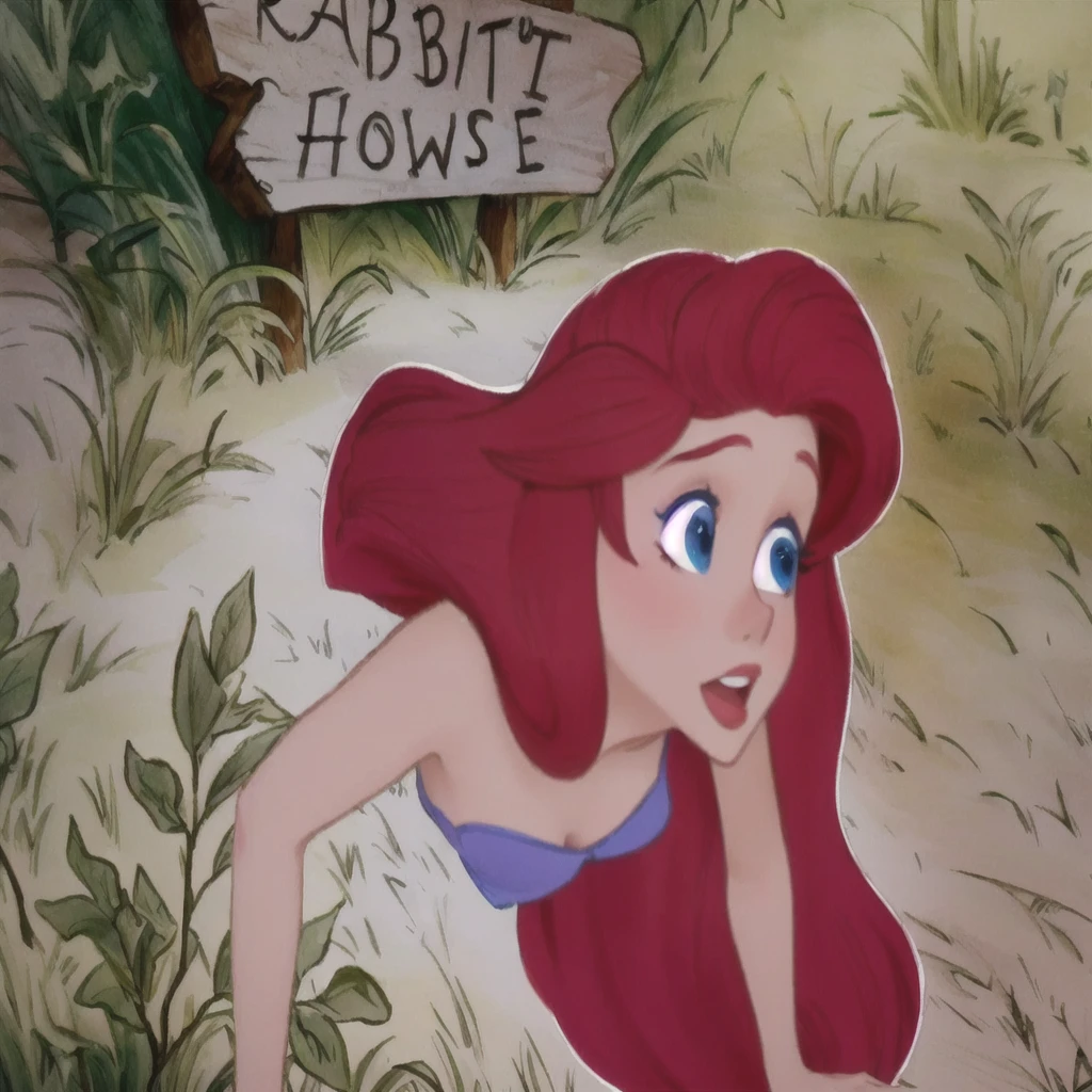 disney Princesse Ariel the Petite Sirène with a sign in the background, ariel the Petite Sirène, Princesse Ariel, dans le style de l&#39;animation Disney, art dans le style de Disney, jessica lapin,  Sirène, the  Sirène, emma watson as jessica lapin, animation disney 2d encore, Kiki, Animation de Don Bluth, Ambiance Disney classique, Ariana Grande en sirène