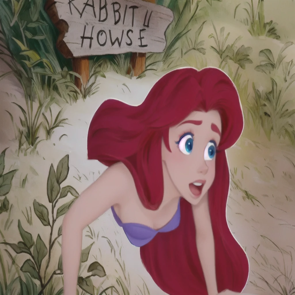disney Princesse Ariel the Petite Sirène with a sign in the background, ariel the Petite Sirène, Princesse Ariel, dans le style de l'animation Disney, art dans le style de Disney, jessica lapin, Sirène, the Sirène, emma watson as jessica lapin, animation disney 2d encore, Kiki, Animation de Don Bluth, Ambiance Disney classique, Ariana Grande en sirène