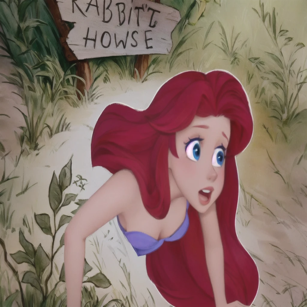 disney Princesse Ariel the Petite Sirène with a sign in the background, ariel the Petite Sirène, Princesse Ariel, dans le style de l'animation Disney, art dans le style de Disney, jessica lapin, Sirène, the Sirène, emma watson as jessica lapin, animation disney 2d encore, Kiki, Animation de Don Bluth, Ambiance Disney classique, Ariana Grande en sirène