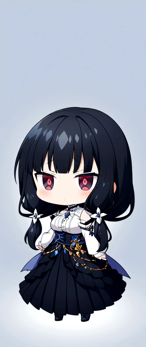 Displeased、Disgusting eyes、chibi\(style\),whole body、Black Hair、blunt bangs、Semi-long hair、White shirt,Black Stretched Skirt、1 girl, 2D CG, Advanced digital anime art, anime character、Background white
