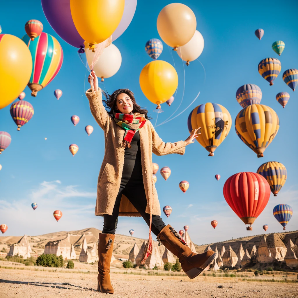 A beautiful 26 year old Indonesian woman wearing a beige coat, scarf and high boots poses elegantly with several giant colorful balloons in the sky of Cappadocia, Turkey.