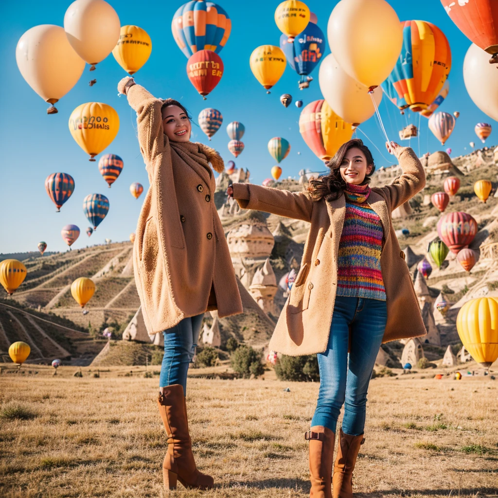 A beautiful 26 year old Indonesian woman wearing a beige coat, scarf and high boots poses elegantly with several giant colorful balloons in the sky of Cappadocia, Turkey.