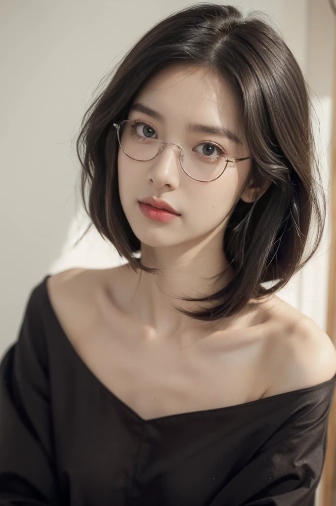 (((best quality))),(((ultra detailed))),(((masterpiece))),illustration,(close-up of face:1.3),((1 beautiful girl,solo)),(shoulder-length straight bob hair:1.2),(confused eyes:1.3),((slim,thin,small ,flat chest)),severe myopia,(glasses:1.3),halter top,white wall,dim lighting,gaze,delicate collarbone,smooth skin,intellectual air,vision impairment,contrast,hauntingly beautiful,testament to resilience,(darkness:1.3)