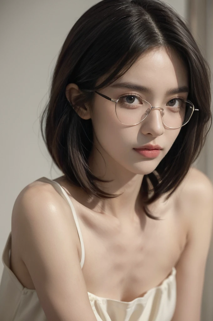 (((best quality))),(((ultra detailed))),(((masterpiece))),illustration,(close-up of face:1.3),((1 beautiful girl,solo)),(shoulder-length straight bob hair:1.2),(confused eyes:1.3),((slim,thin,small breasts,flat chest)),severe myopia,(glasses:1.3),halter top,white wall,dim lighting,gaze,delicate collarbone,smooth skin,intellectual air,vision impairment,contrast,hauntingly beautiful,testament to resilience,(darkness:1.3)