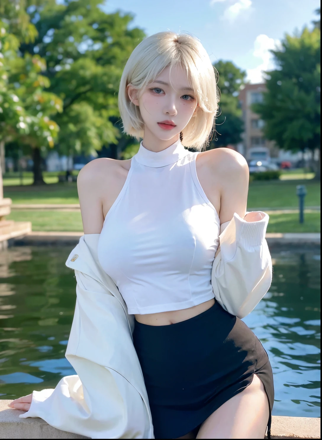 Beautiful woman with perfect figure:1.4,Swimming background,Desert Background,Ultra-high resolution,Seductive laughter,wear glasses,White legs,(lifelike:1.4),Layered Hairstyle,White皮肤,Black mini pleated skirt,whole body,Very delicate face and skin texture,Double eyelids,Skin Whitening,Long hair,White hair,White,