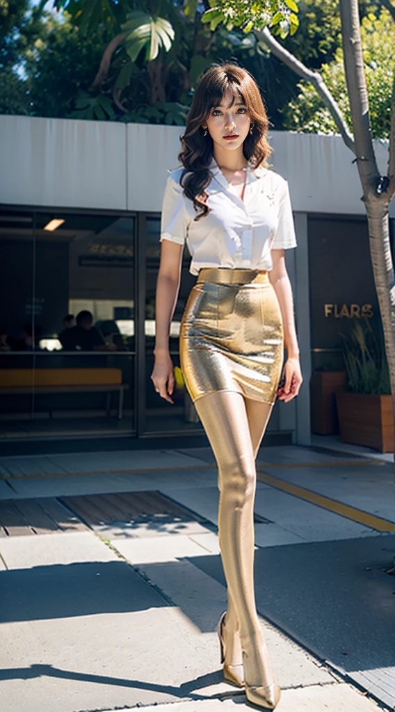 8K,Long legs,By bangs,waved hair,mature,tightshortsleeve,rays of sunshine,ear studs,Superskirt,stiletto,Two girls together,are standing,Flesh-colored transparent pantyhose,By bangs