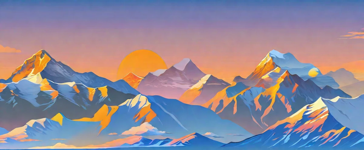 ((high resolution: 1.1))Illustration of a snow mountain range in the vector, using simple shapes and a 2D flat, vector artwork features beautiful colors with a blue sky and orange sunset, peaks, capped, covered, resembling a view, Mount Everest,Flat Wind,Minimalist illustration,Vector。