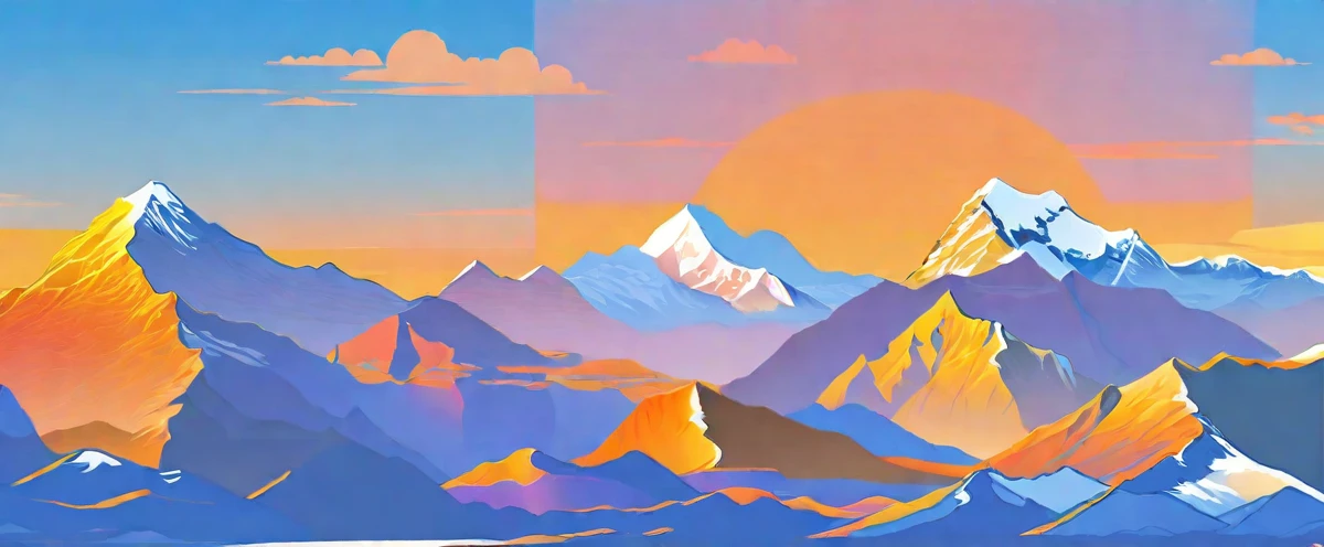 ((high resolution: 1.1))Illustration of a snow mountain range in the vector, using simple shapes and a 2D flat, vector artwork features beautiful colors with a blue sky and orange sunset, peaks, capped, covered, resembling a view, Mount Everest,Flat Wind,Minimalist illustration,Vector。