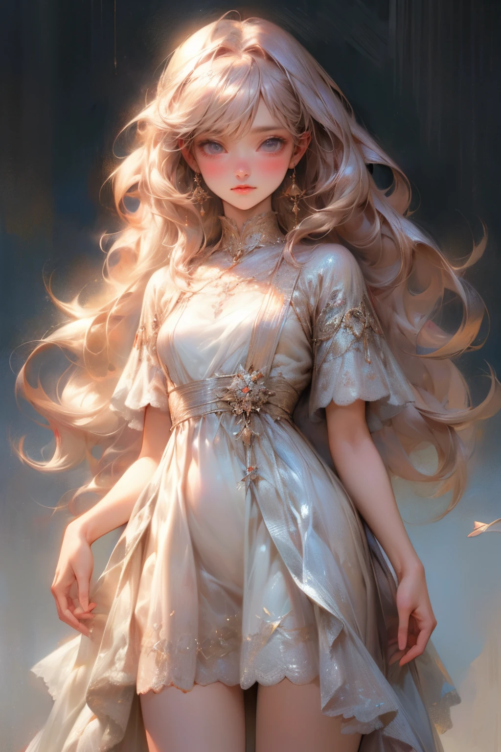 masterpiece:1.2, highest quality, 16k, highres, ultra-realistic, photorealistic:1.37, beautiful detailed:1.2, cute girl, standing in Fashion show, fashion model Striking a pose while standing elegantly on the runway, beautiful delicate artistic avant-garde revealing dress, gently smile, beautiful delicate(hair, face, long eyelash, eyes, pupils, lips, knee, anklet, dress), sparkling eyes, shining rosy lips, blushed cheek, through bangs,