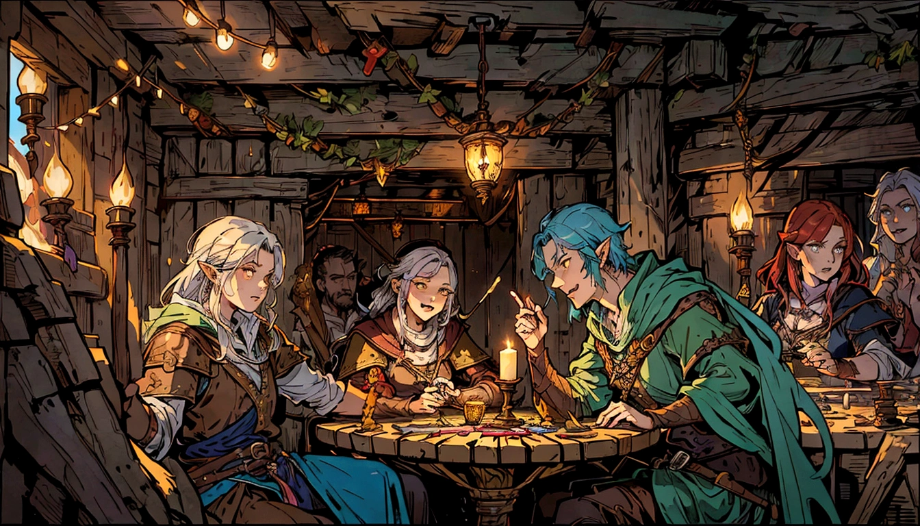 party of adventurers gathering in a tavern with candles and a food, wide shot, many people around drinking. tavern setting, lawther sit at table playing dnd, high quality dnd illustration, roleplaying game art, dnd , fantasy card game art, card game illustration, dnd card art, epic fantasty card game art, a multidimensional cozy tavern, tavern background, epic fantasy card game art