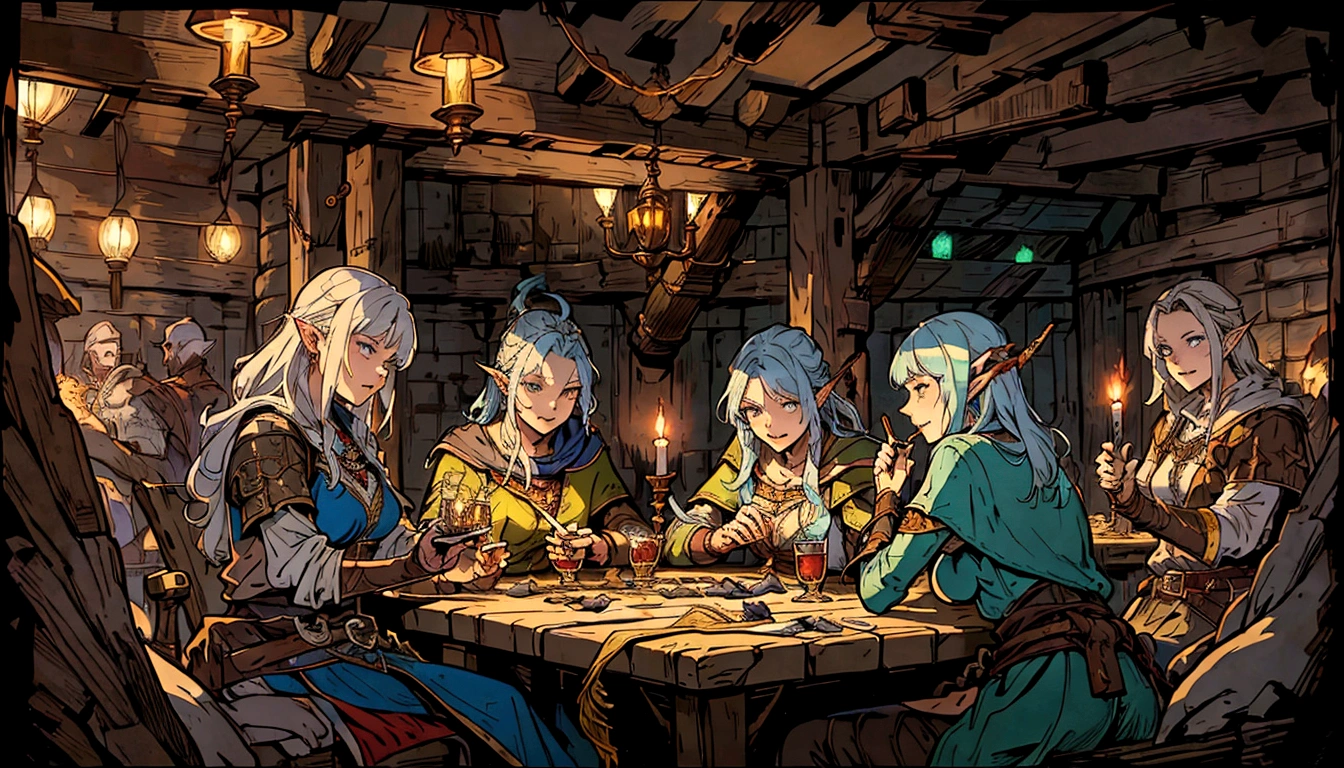 party of adventurers gathering in a tavern with candles and a food, wide shot, many people around drinking. tavern setting, lawther sit at table playing dnd, high quality dnd illustration, roleplaying game art, dnd , fantasy card game art, card game illustration, dnd card art, epic fantasty card game art, a multidimensional cozy tavern, tavern background, epic fantasy card game art