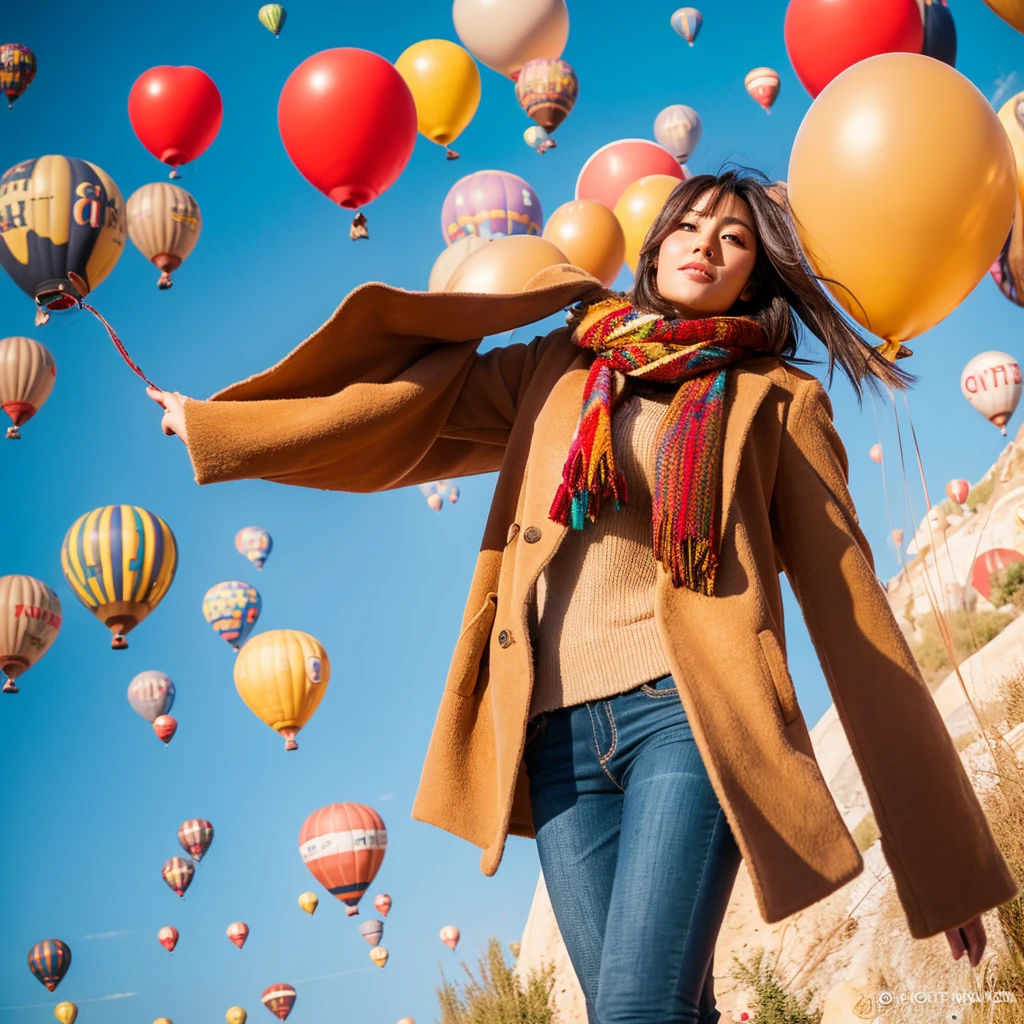 A beautiful 26 year old Indonesian woman wearing a beige coat, scarf and high boots poses elegantly with several giant colorful balloons in the sky of Cappadocia, Turkey.